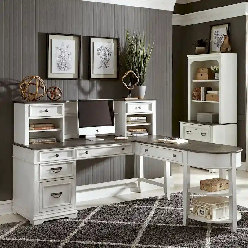 Bureau en L Allyson Park blanc brossé et anthracite
