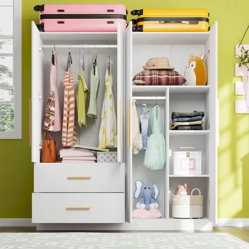 Armoire à 4 portes avec penderie de 63 po (largeur) pour chambre à coucher, meuble de rangement pour vêtements