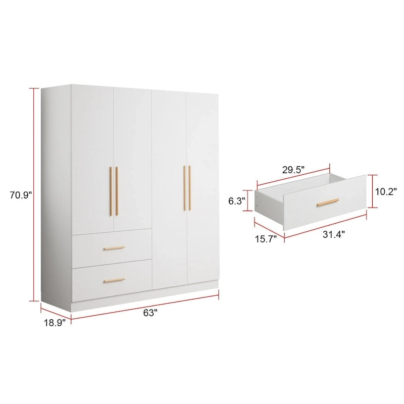 Armoire à 4 portes avec penderie de 63 po (largeur) pour chambre à coucher, meuble de rangement pour vêtements