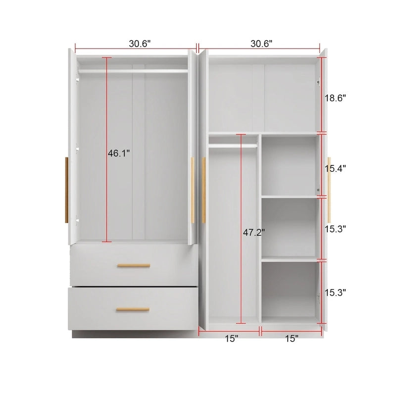 Armoire à 4 portes avec penderie de 63 po (largeur) pour chambre à coucher, meuble de rangement pour vêtements