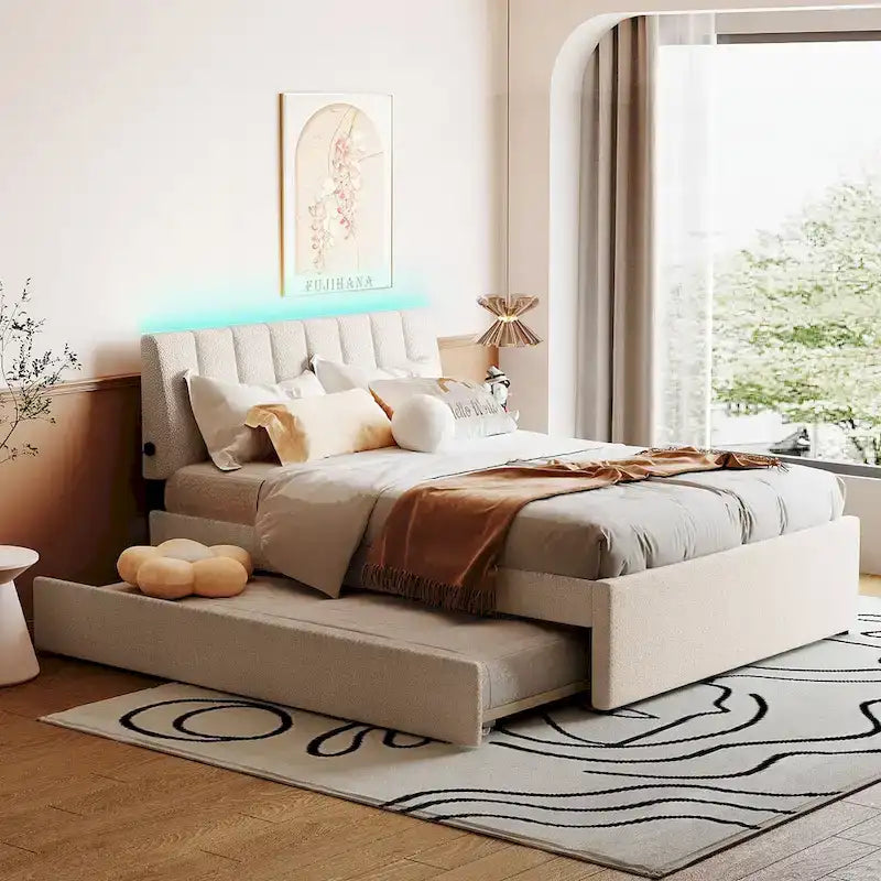 Lit plateforme rembourré avec lit gigogne