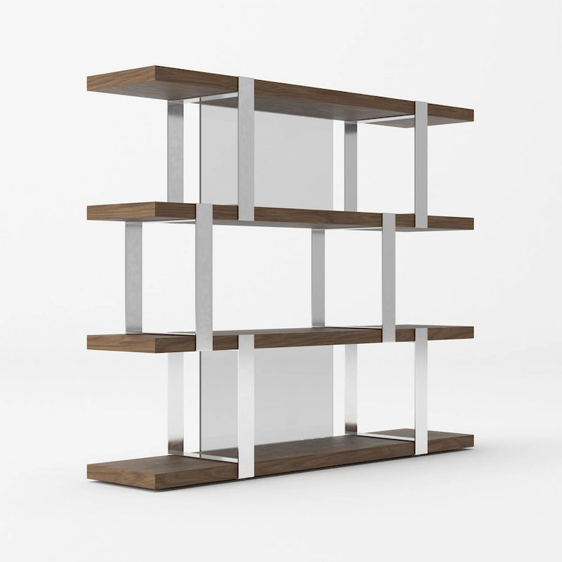 Étagère à Livres Modrest Brewer Moderne Noyer Verre et Acier Inoxydable