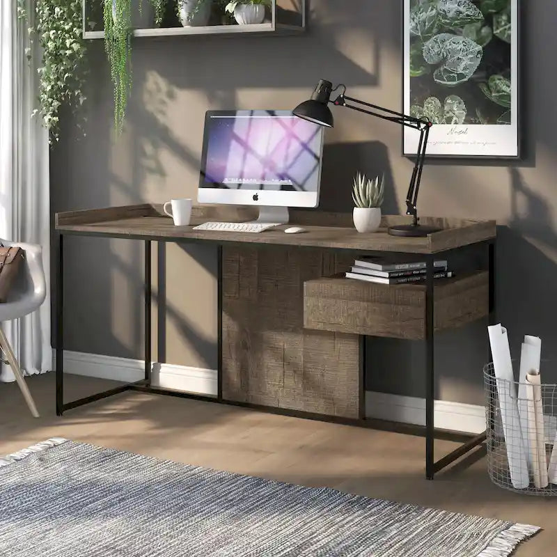 Bureau d'ordinateur industriel Jaxon de 63 pouces en acier avec ports USB par Furniture of America