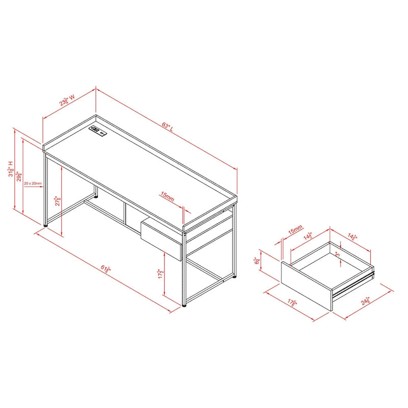 Bureau d'ordinateur industriel Jaxon de 63 pouces en acier avec ports USB par Furniture of America