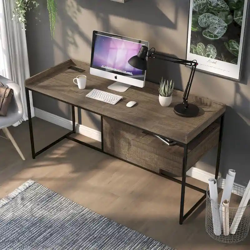 Bureau d'ordinateur industriel Jaxon de 63 pouces en acier avec ports USB par Furniture of America