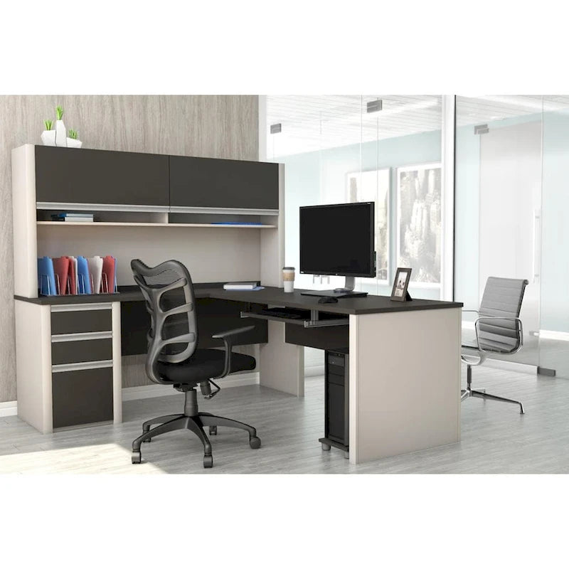 Bureau en L Bestar Connexion 72W avec huche et caisson à tiroirs