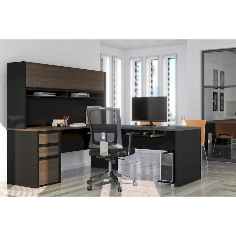 Bureau en L Bestar Connexion 72W avec huche et caisson à tiroirs