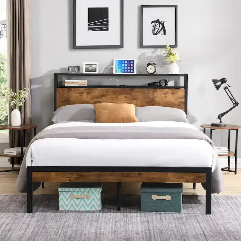 Lordear Lit Plateforme en Métal Queen Size avec Tête et Pied de Lit en Bois et Doublure USB