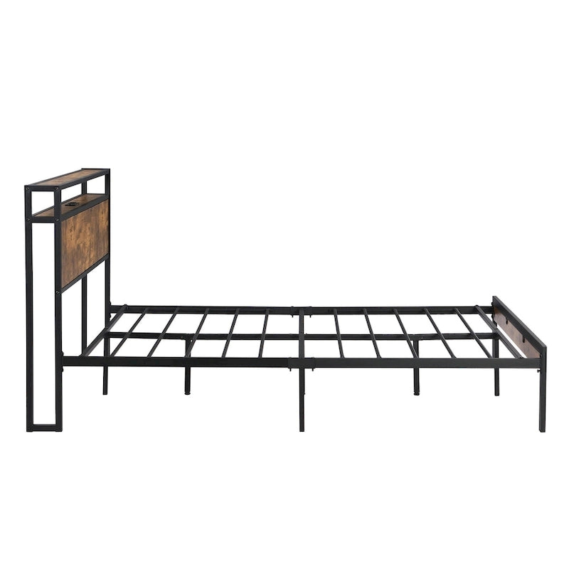 Lordear Lit Plateforme en Métal Queen Size avec Tête et Pied de Lit en Bois et Doublure USB