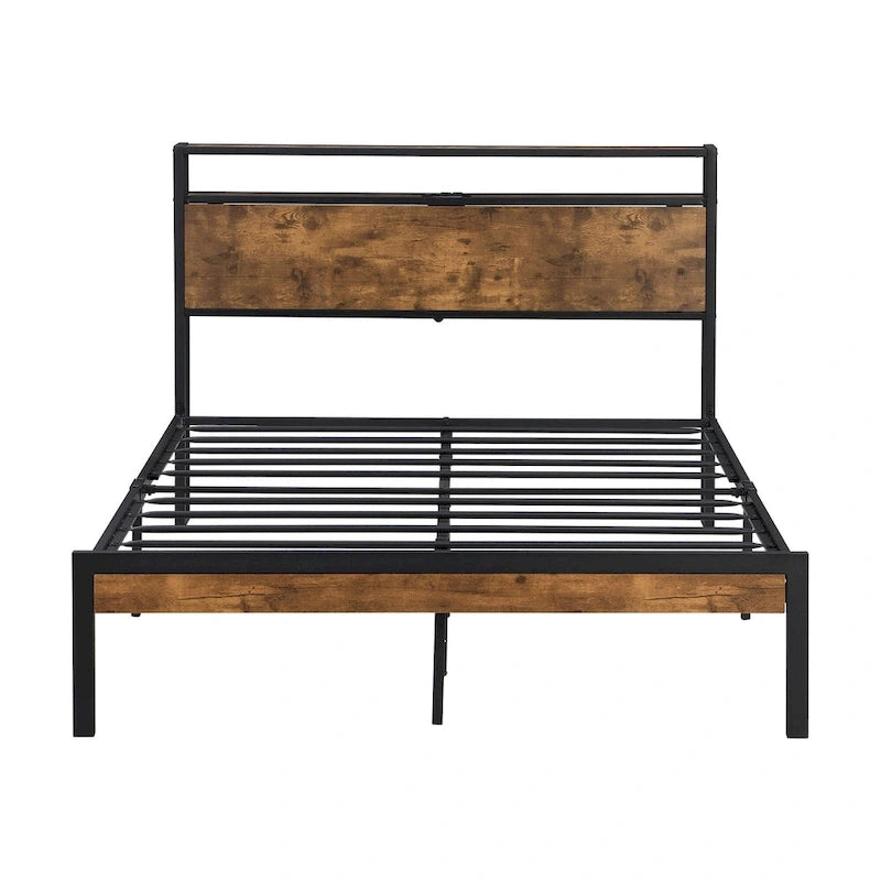 Lordear Lit Plateforme en Métal Queen Size avec Tête et Pied de Lit en Bois et Doublure USB