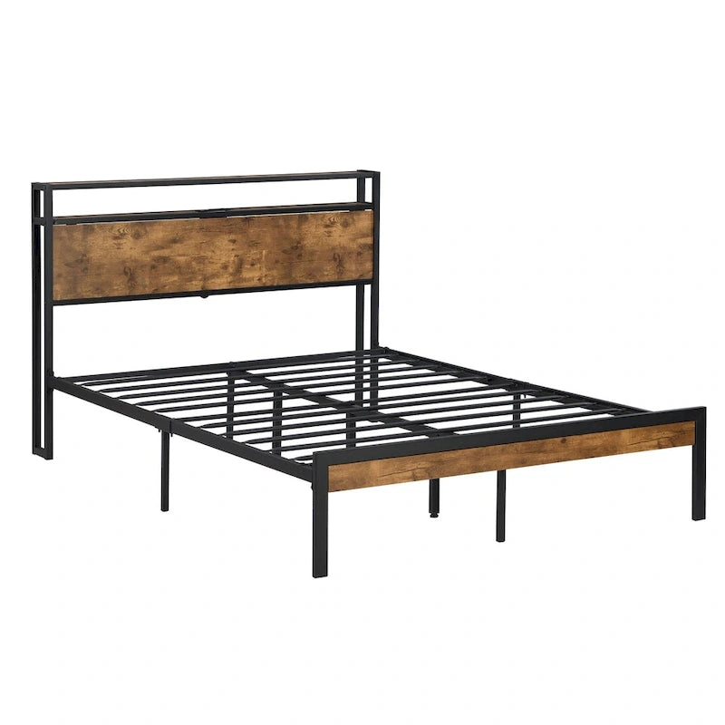 Lordear Lit Plateforme en Métal Queen Size avec Tête et Pied de Lit en Bois et Doublure USB