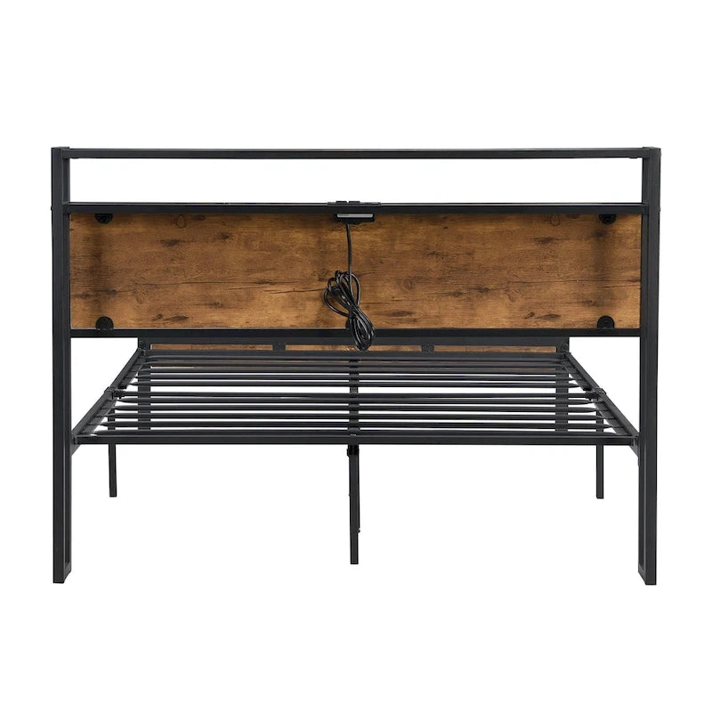 Lordear Lit Plateforme en Métal Queen Size avec Tête et Pied de Lit en Bois et Doublure USB