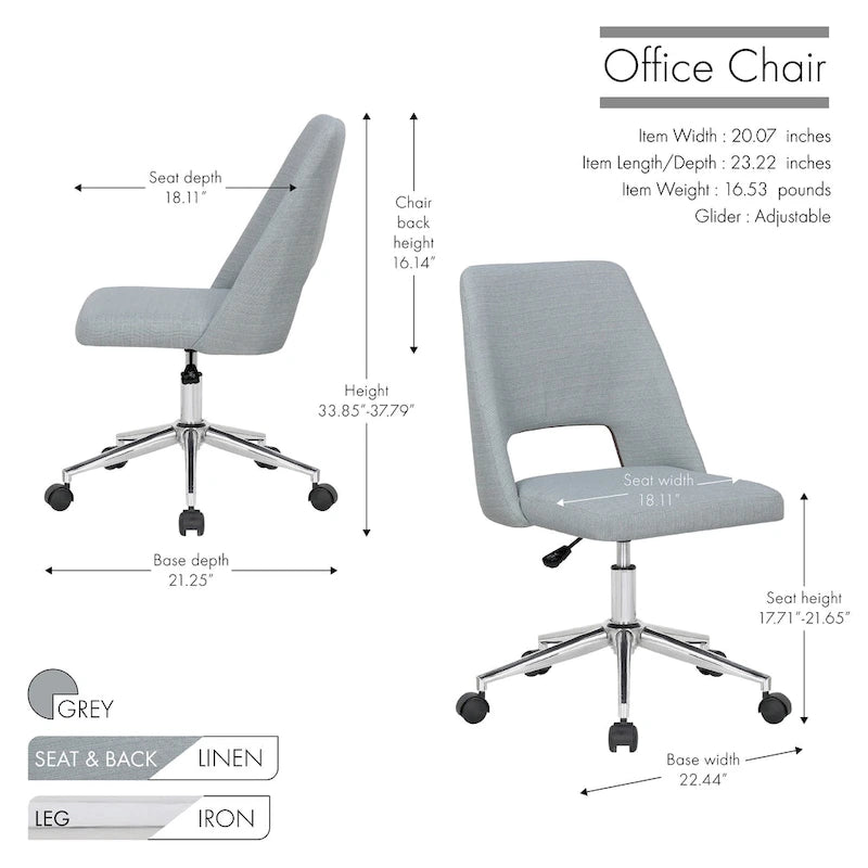 Porthos Home Chaise de bureau Kimora, revêtement en lin, roulettes