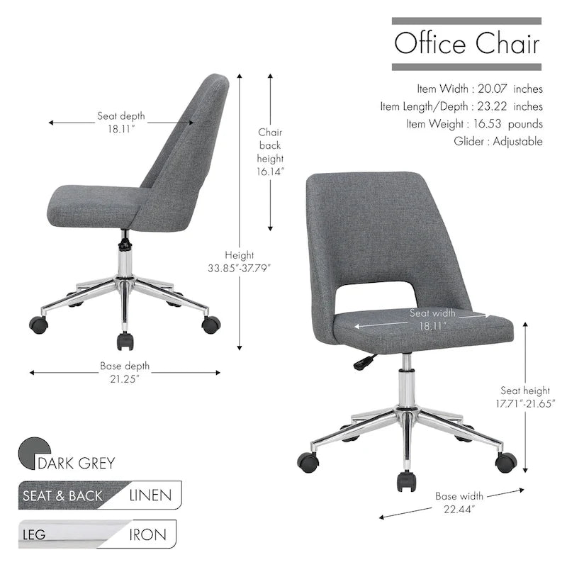 Porthos Home Chaise de bureau Kimora, revêtement en lin, roulettes
