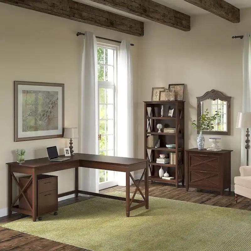 Bureau en L 60 W Key West avec classeurs et bibliothèque de Bush Furniture