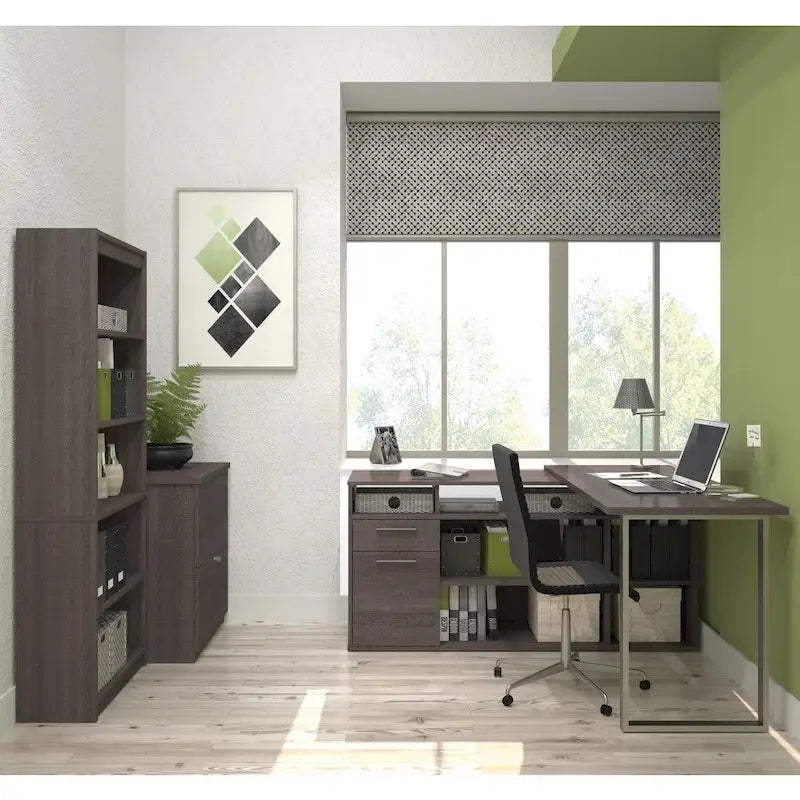 Bureau en L Solay de Bestar avec classeur latéral et bibliothèque