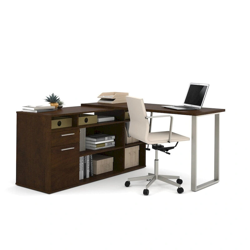 Bureau en L Solay de Bestar avec classeur latéral et bibliothèque