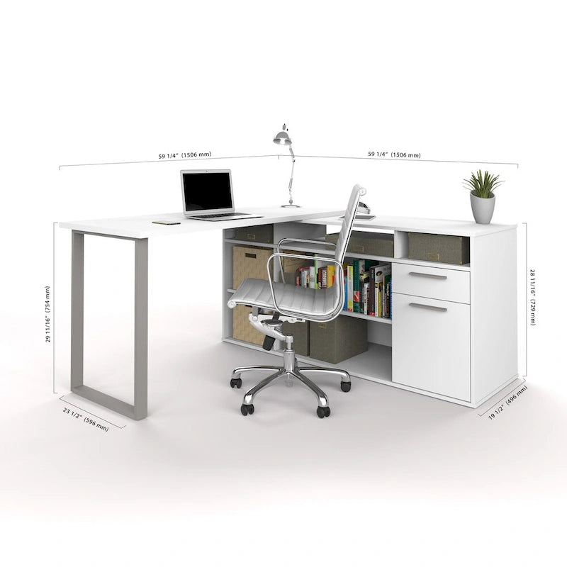 Bureau en L Solay de Bestar avec classeur latéral et bibliothèque