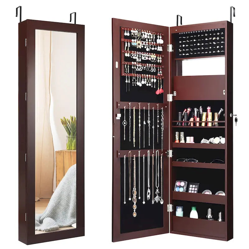 Meuble à bijoux verrouillable Armoire à bijoux LED avec miroir pleine longueur