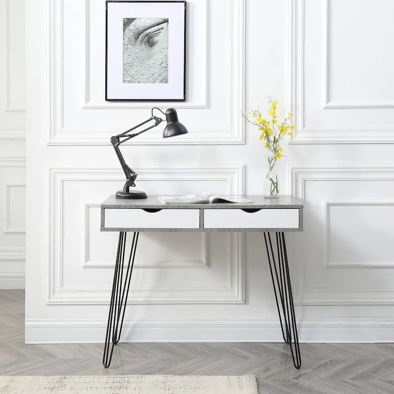 Bureau de télétravail Laurel Grey de style Mid-century Modern à 2 tiroirs