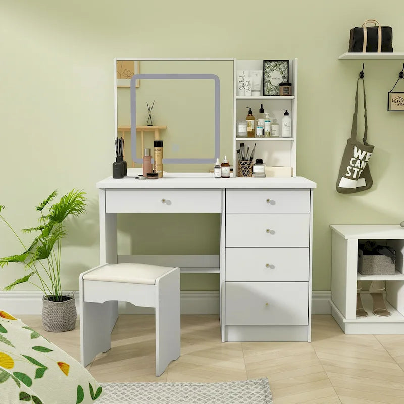 Coiffeuse avec miroir lumineux tricolore et tabouret - N/A