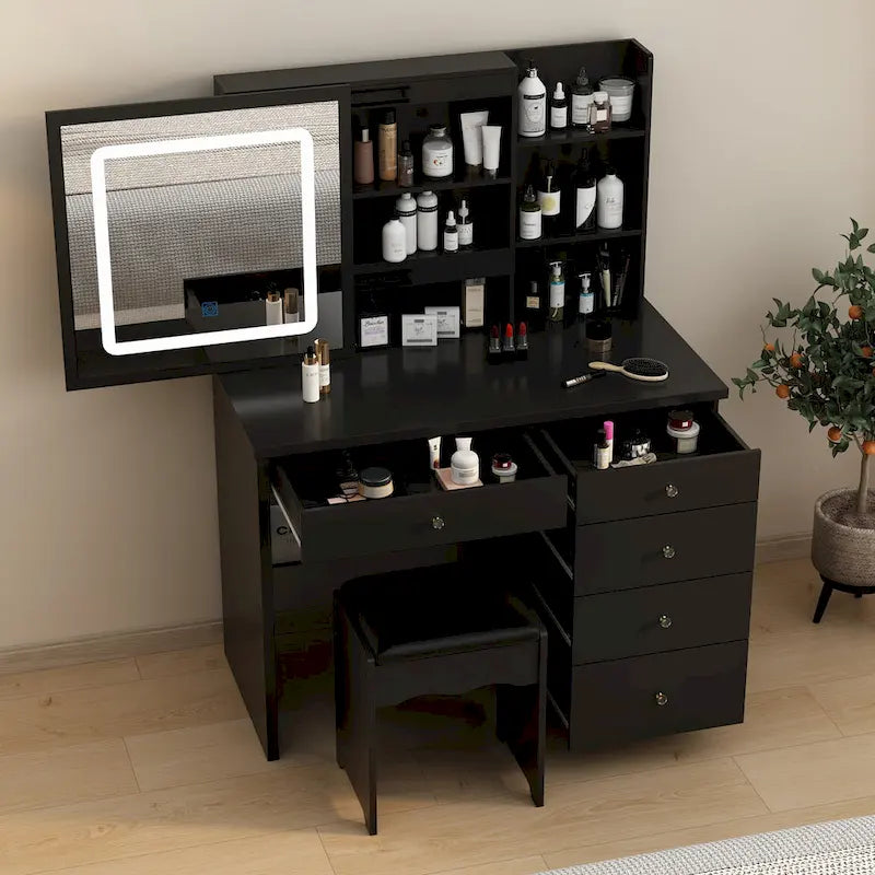 Coiffeuse avec miroir lumineux tricolore et tabouret - N/A