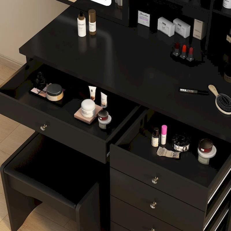 Coiffeuse avec miroir lumineux tricolore et tabouret - N/A
