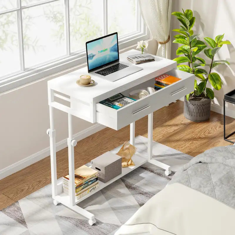 Table d'appoint réglable Bureau portable avec tiroirs et roulettes pour bureau à domicile