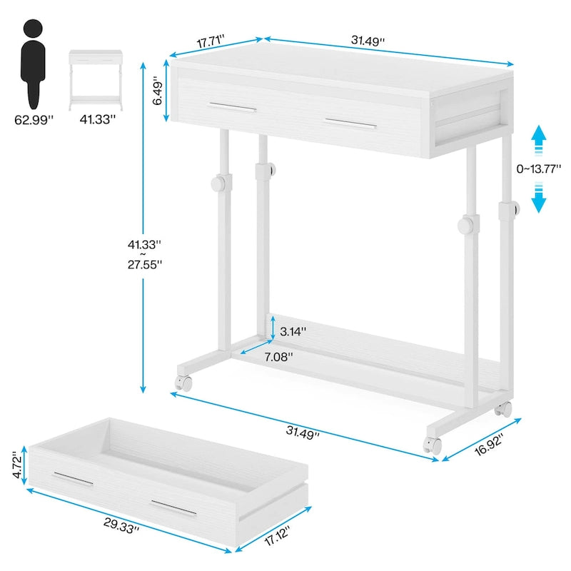 Table d'appoint réglable Bureau portable avec tiroirs et roulettes pour bureau à domicile