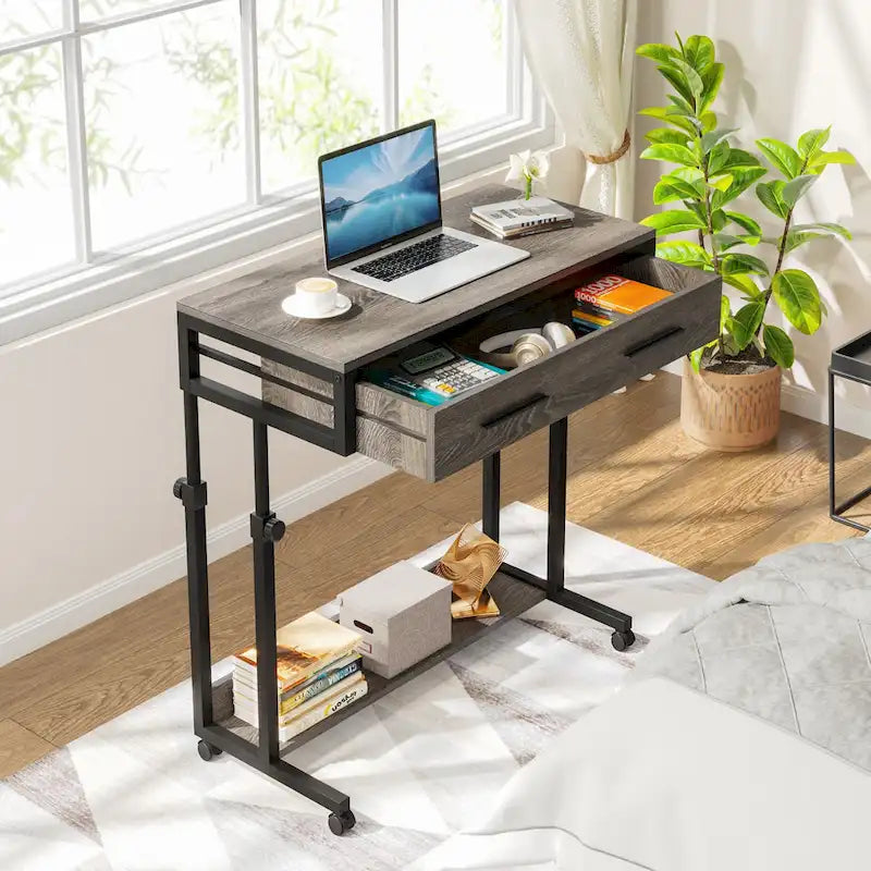 Table d'appoint réglable Bureau portable avec tiroirs et roulettes pour bureau à domicile