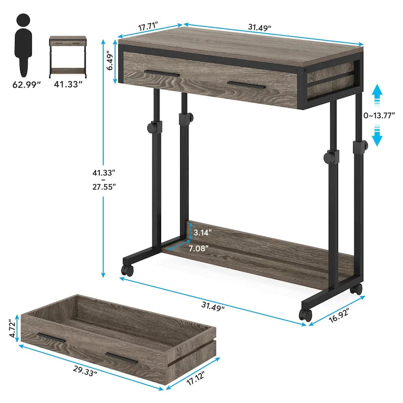 Table d'appoint réglable Bureau portable avec tiroirs et roulettes pour bureau à domicile