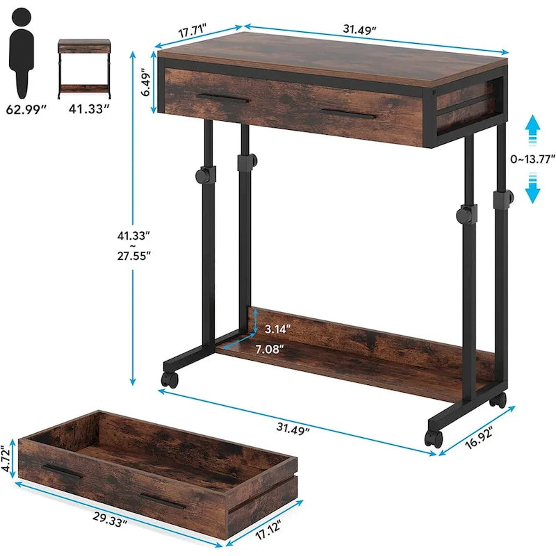 Table d'appoint réglable Bureau portable avec tiroirs et roulettes pour bureau à domicile