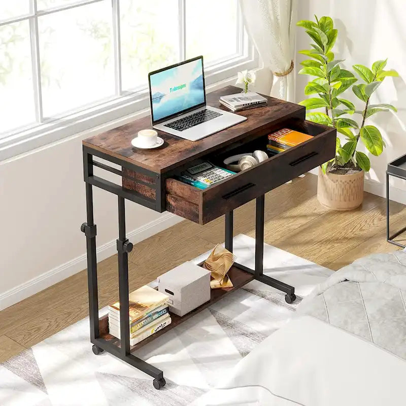 Table d'appoint réglable Bureau portable avec tiroirs et roulettes pour bureau à domicile