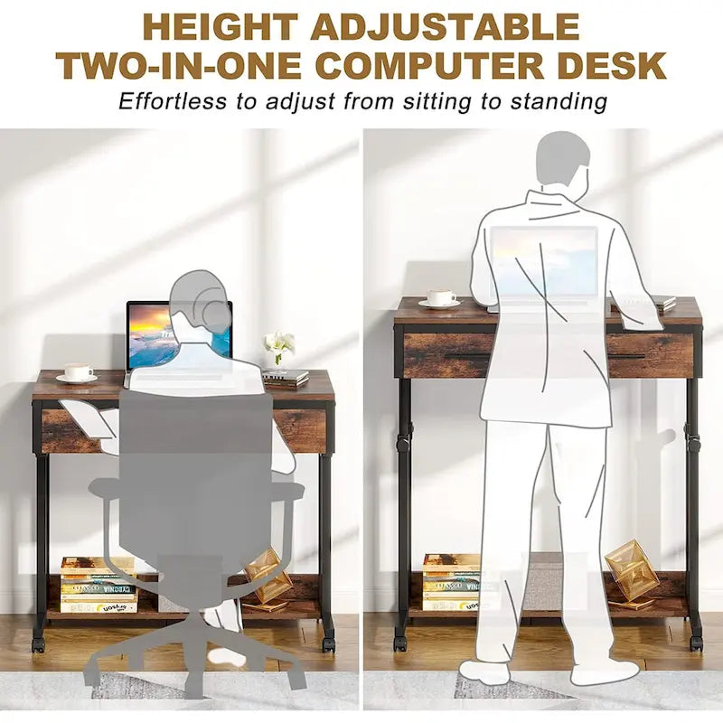 Table d'appoint réglable Bureau portable avec tiroirs et roulettes pour bureau à domicile