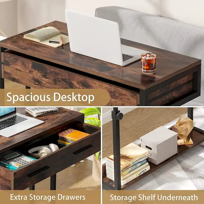 Table d'appoint réglable Bureau portable avec tiroirs et roulettes pour bureau à domicile