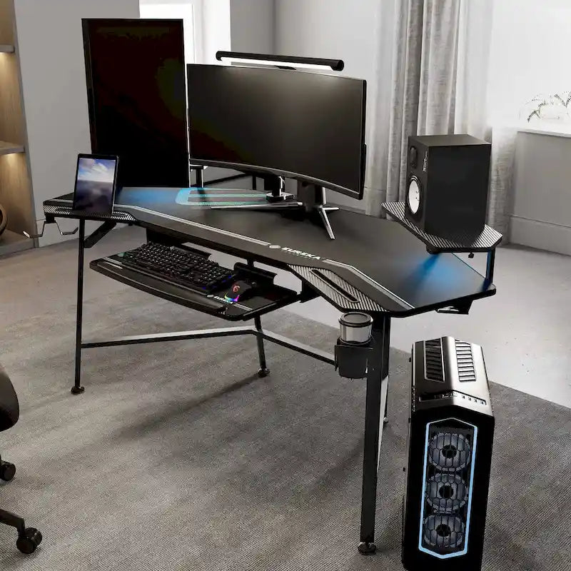 Grand bureau de jeu noir de 72 pouces avec tiroir de clavier, multifonctionnel