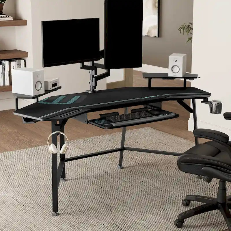 Grand bureau de jeu noir de 72 pouces avec tiroir de clavier, multifonctionnel
