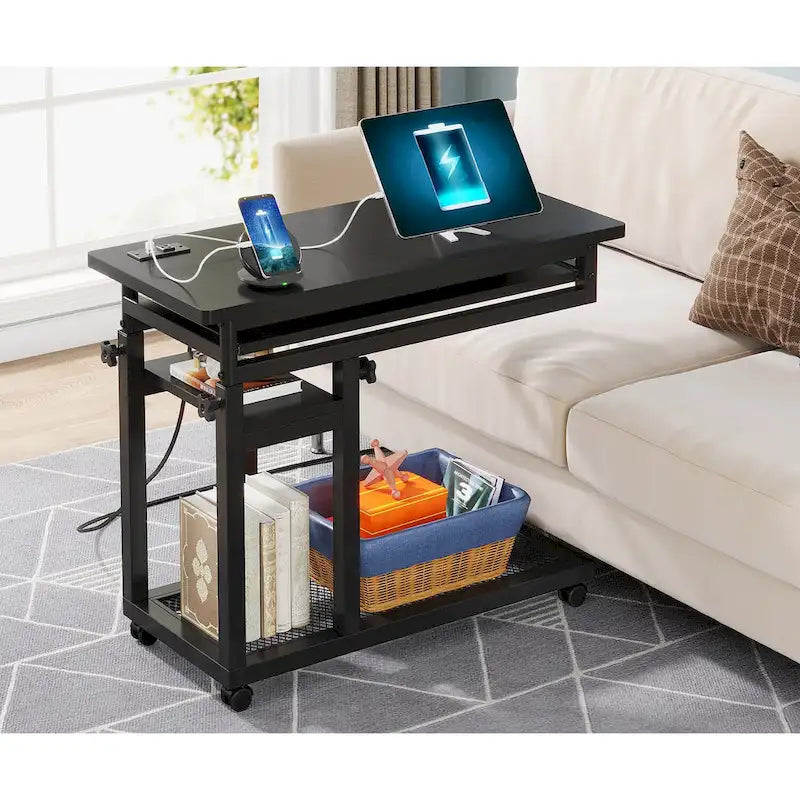 Petite table portable réglable en hauteur, table d'appoint en C avec prise et ports USB