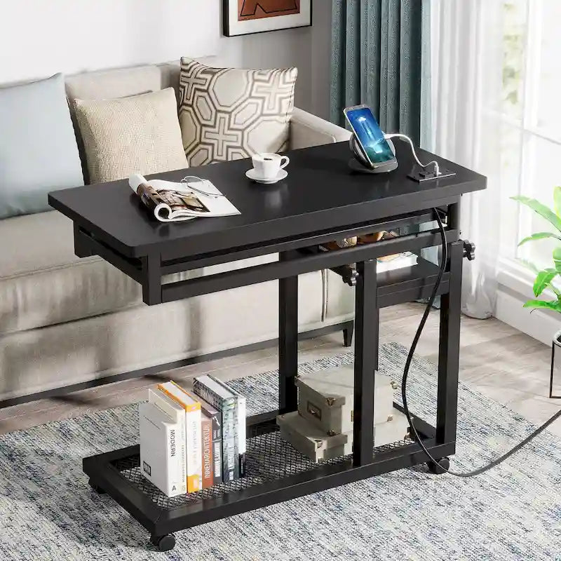 Petite table portable réglable en hauteur, table d'appoint en C avec prise et ports USB