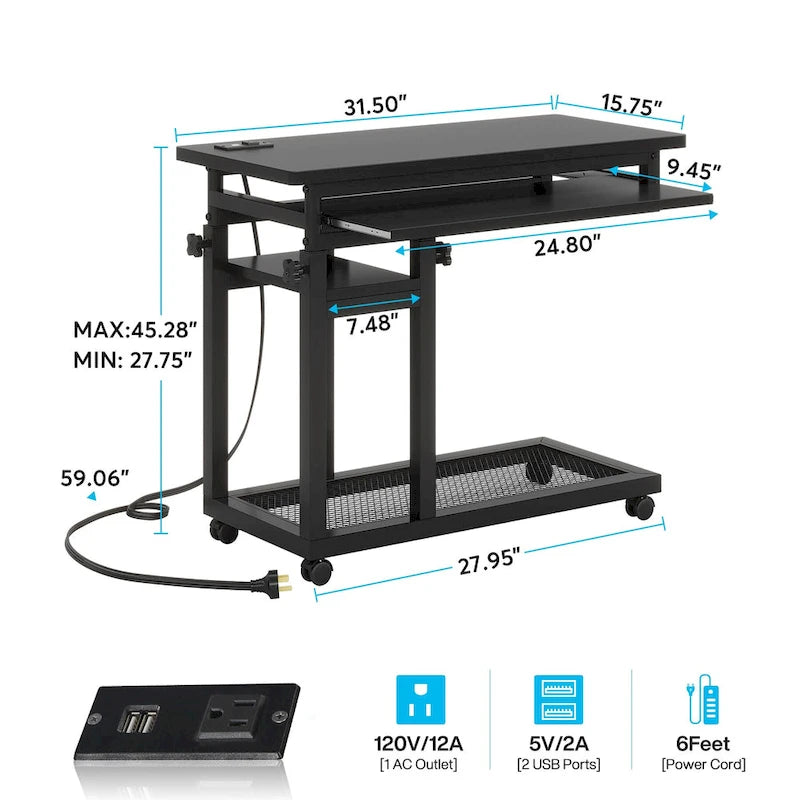 Petite table portable réglable en hauteur, table d'appoint en C avec prise et ports USB