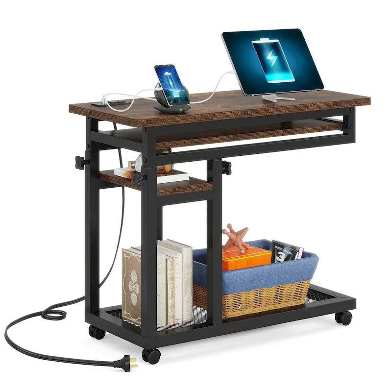 Petite table portable réglable en hauteur, table d'appoint en C avec prise et ports USB