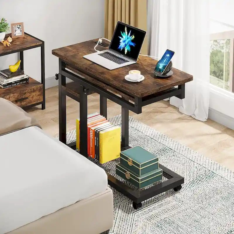 Petite table portable réglable en hauteur, table d'appoint en C avec prise et ports USB