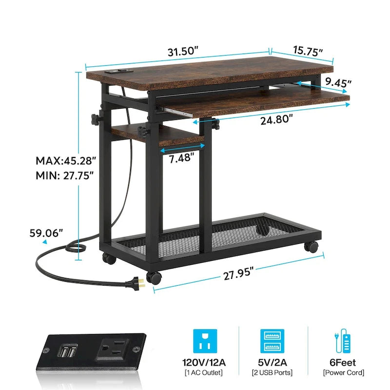 Petite table portable réglable en hauteur, table d'appoint en C avec prise et ports USB