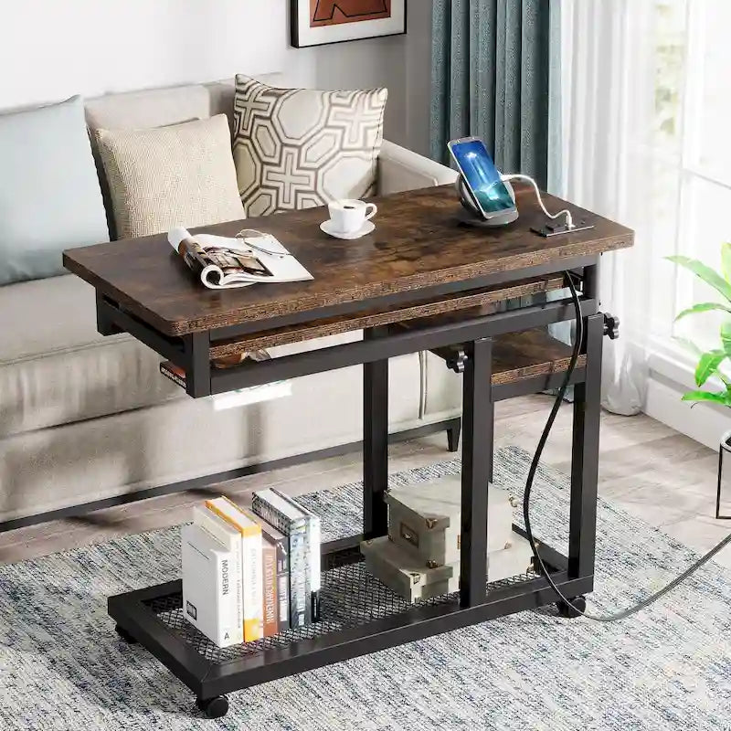 Petite table portable réglable en hauteur, table d'appoint en C avec prise et ports USB