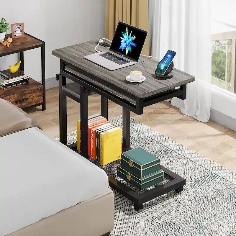 Petite table portable réglable en hauteur, table d'appoint en C avec prise et ports USB
