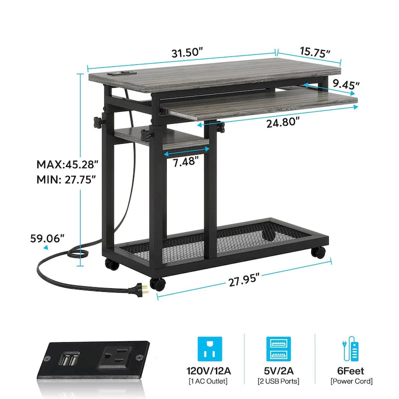 Petite table portable réglable en hauteur, table d'appoint en C avec prise et ports USB