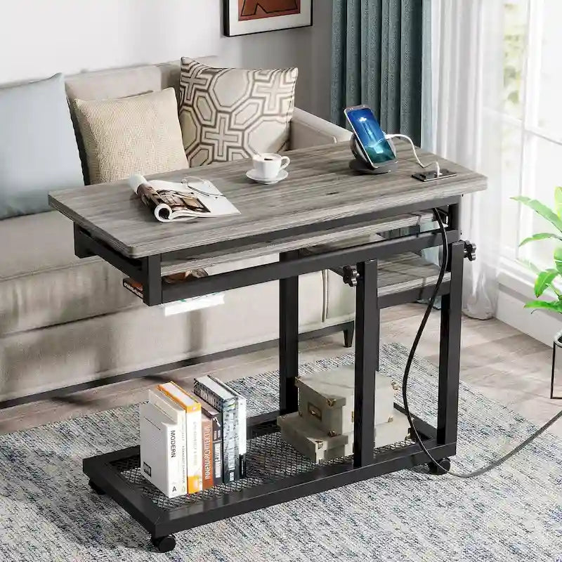 Petite table portable réglable en hauteur, table d'appoint en C avec prise et ports USB