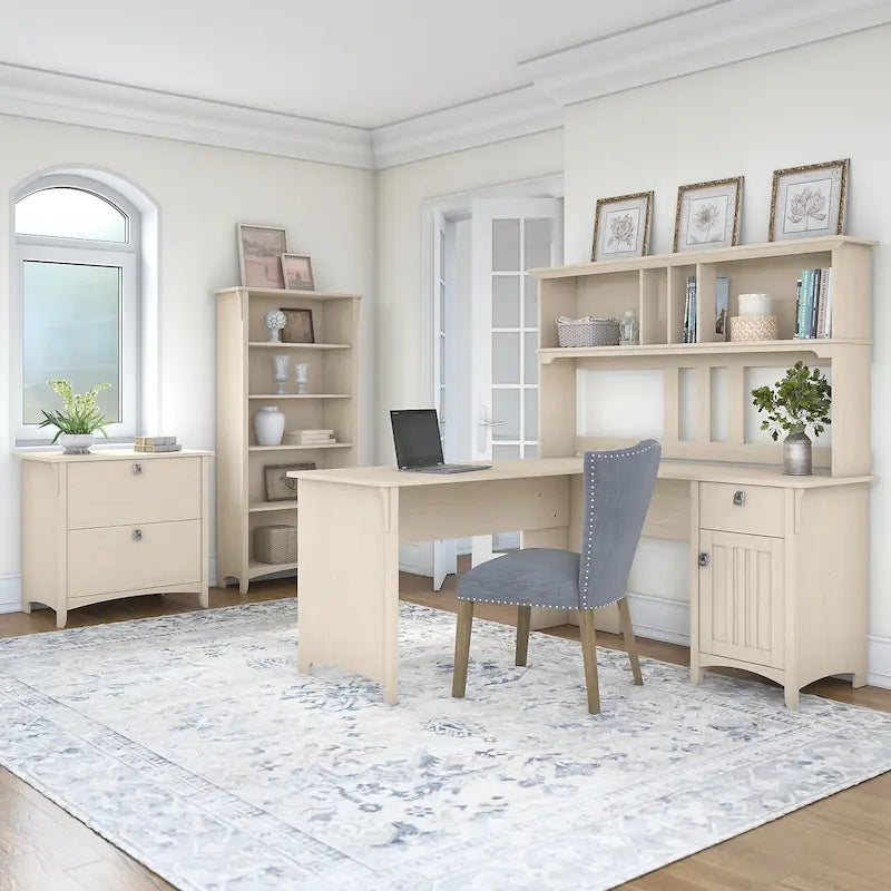 Bureau d'angle en L 60 W Salinas de Bush Furniture avec suite de bureau, blanc antique