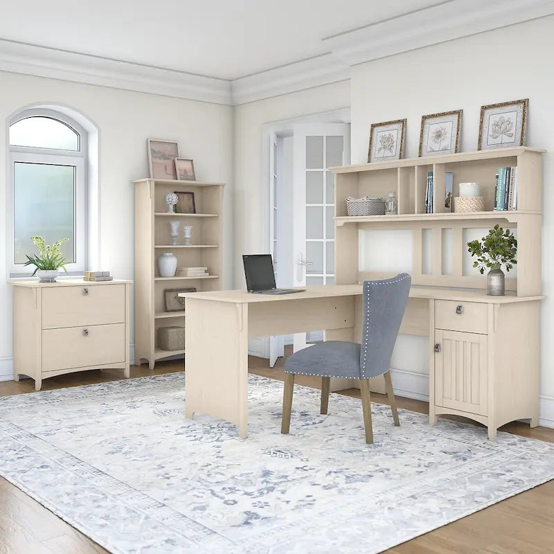 Bureau d'angle en L 60 W Salinas de Bush Furniture avec suite de bureau, blanc antique