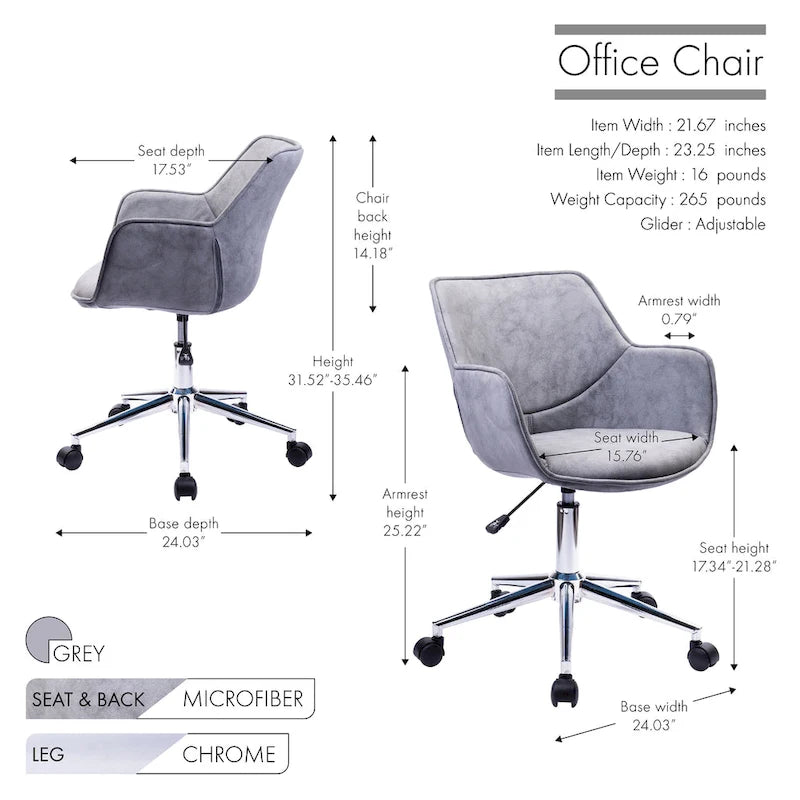 Porthos Home Xen Chaise de bureau réglable, Microfibre, Piètement chromé